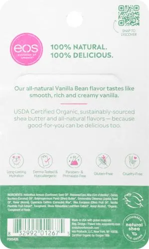 eos 100% Natural & Organic Lip Balm Sticks- Vanilla Bean, All-Day Moisture, Dermatologist Recommended, 0.14 oz, 2-Pack