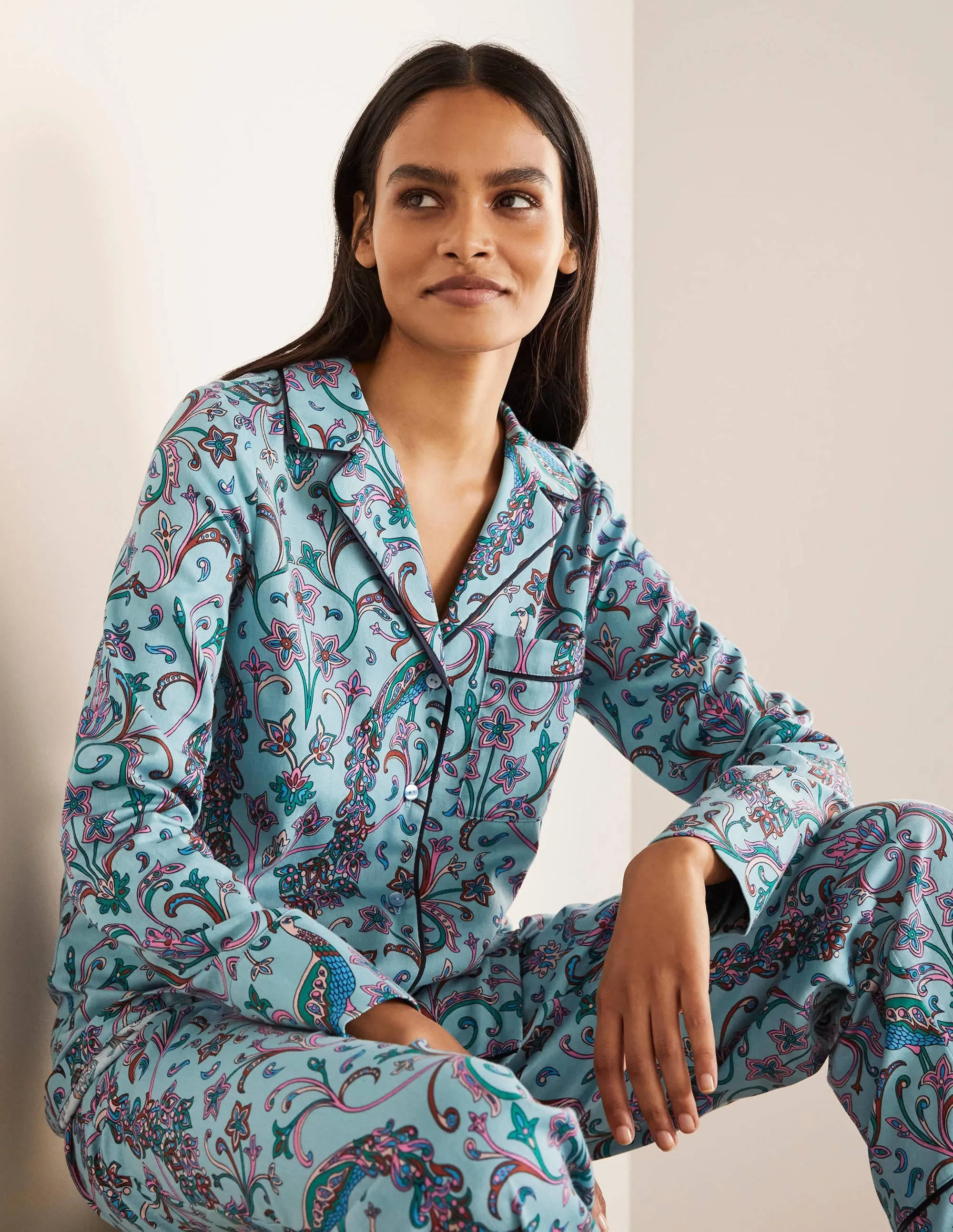 Long Sleeve Pyjama Shirt-Frost, Fanciful Peacock