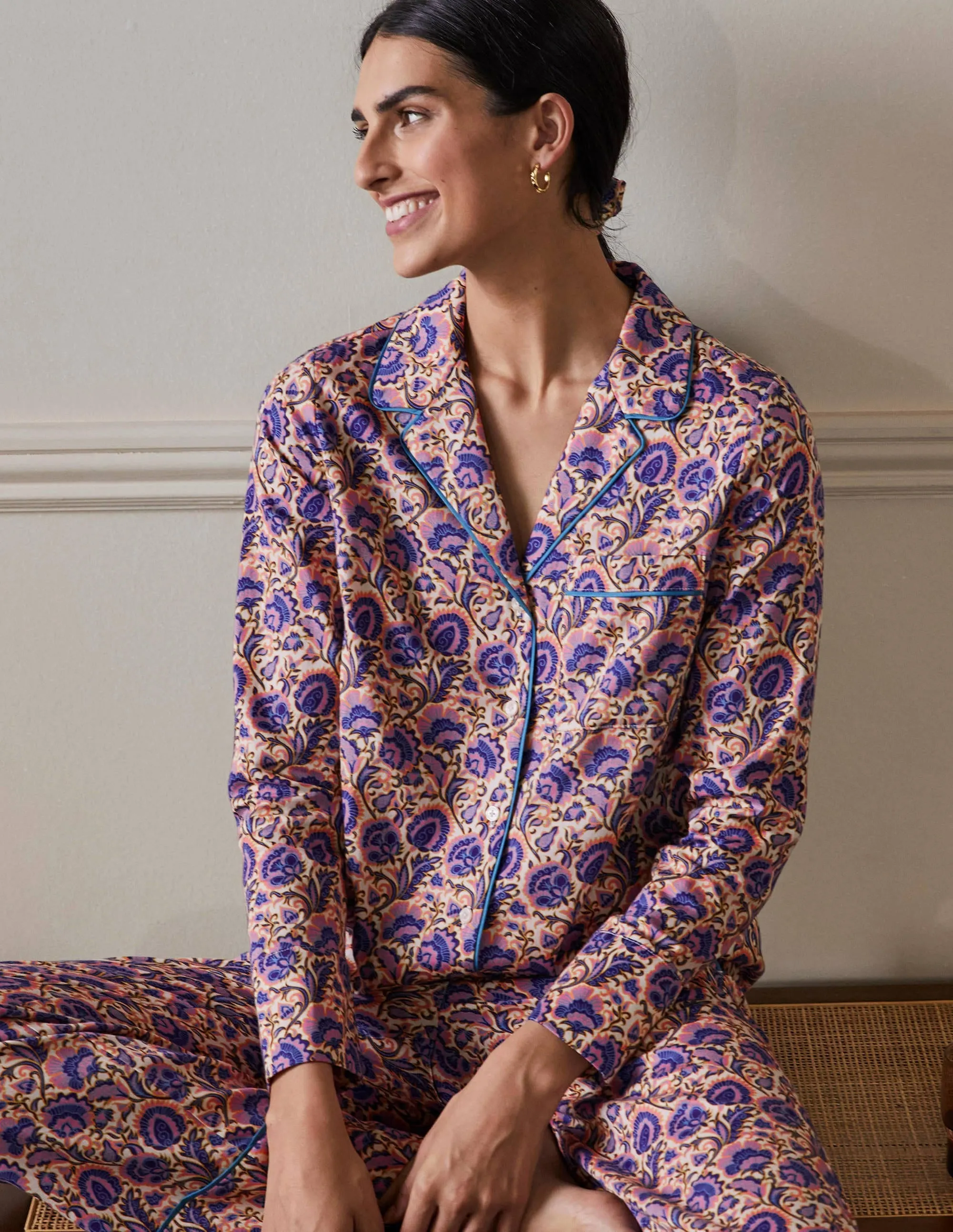 Long Sleeve Pyjama Shirt-Ivory, Rich Floral